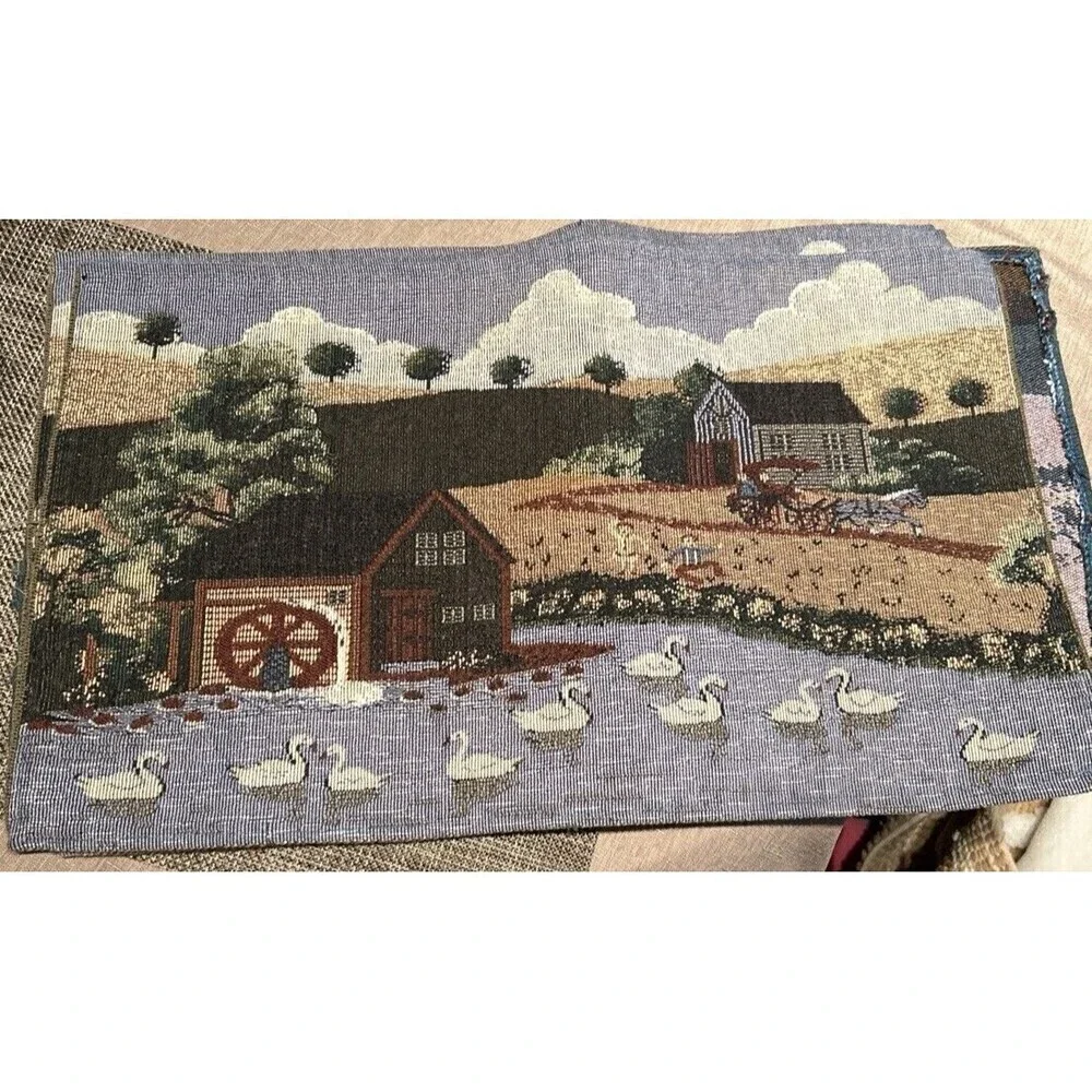 Set 4 Vintage Country Farm Watermill Pond Swans Patriotic Tapestry Placemats